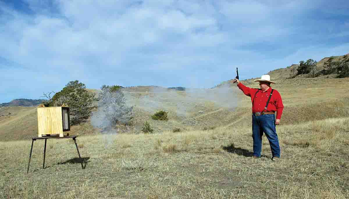 Mike is firing at a baffle box with a Colt SAA .45 using .45 S&W loads.